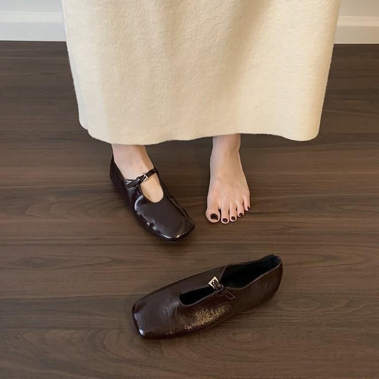 Vintage soft leather! Burgundy square-toed leather shoes women's summer low-heeled pump-mouthed Mary Jane single shoes