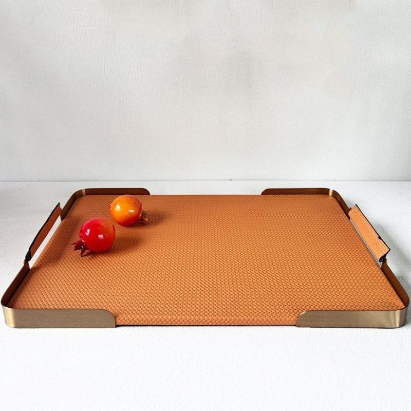 

Metal Storage Tray Leather Modern Luxury Trays Simple Food Drink Plate Home Kitchen Table Decorative Plate Storage Organization оранжевый