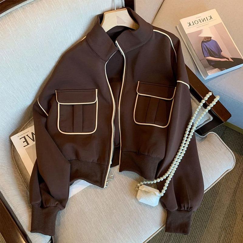 

Куртка с капюшоном, женская повседневная короткая бейсбольная куртка XL темно-коричневого