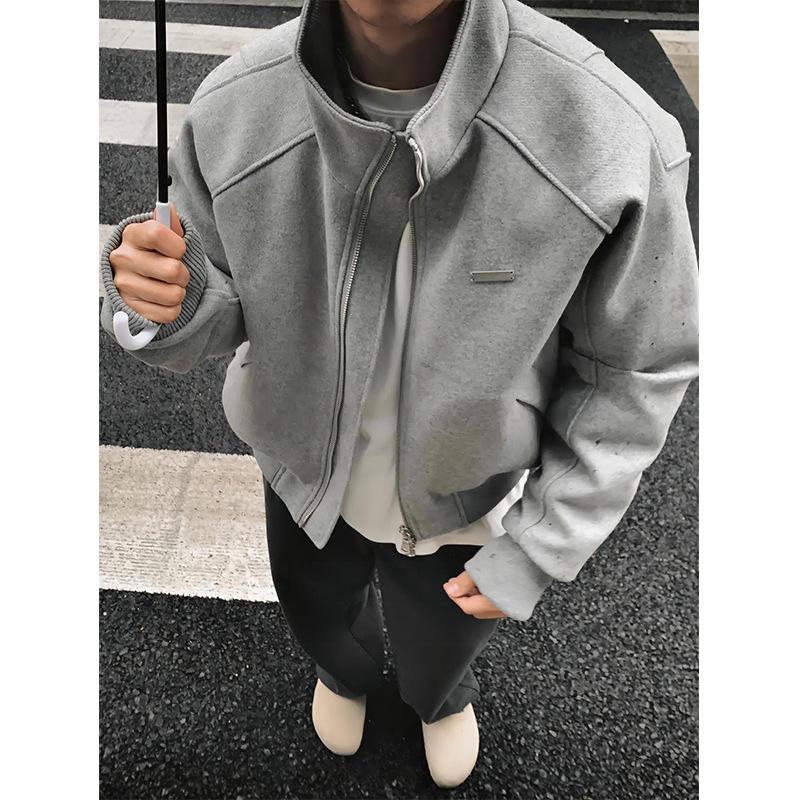 

Мужская утепленная бейсбольная куртка из смесовой шерсти с воротником-стойкой - Верхняя одежда Осень/Зима M серый