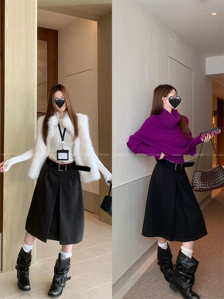 Korean Style High Waist Woolen A-line Midi Skirt - Women's Versatile Autumn/Winter Slimming Casual Skirt