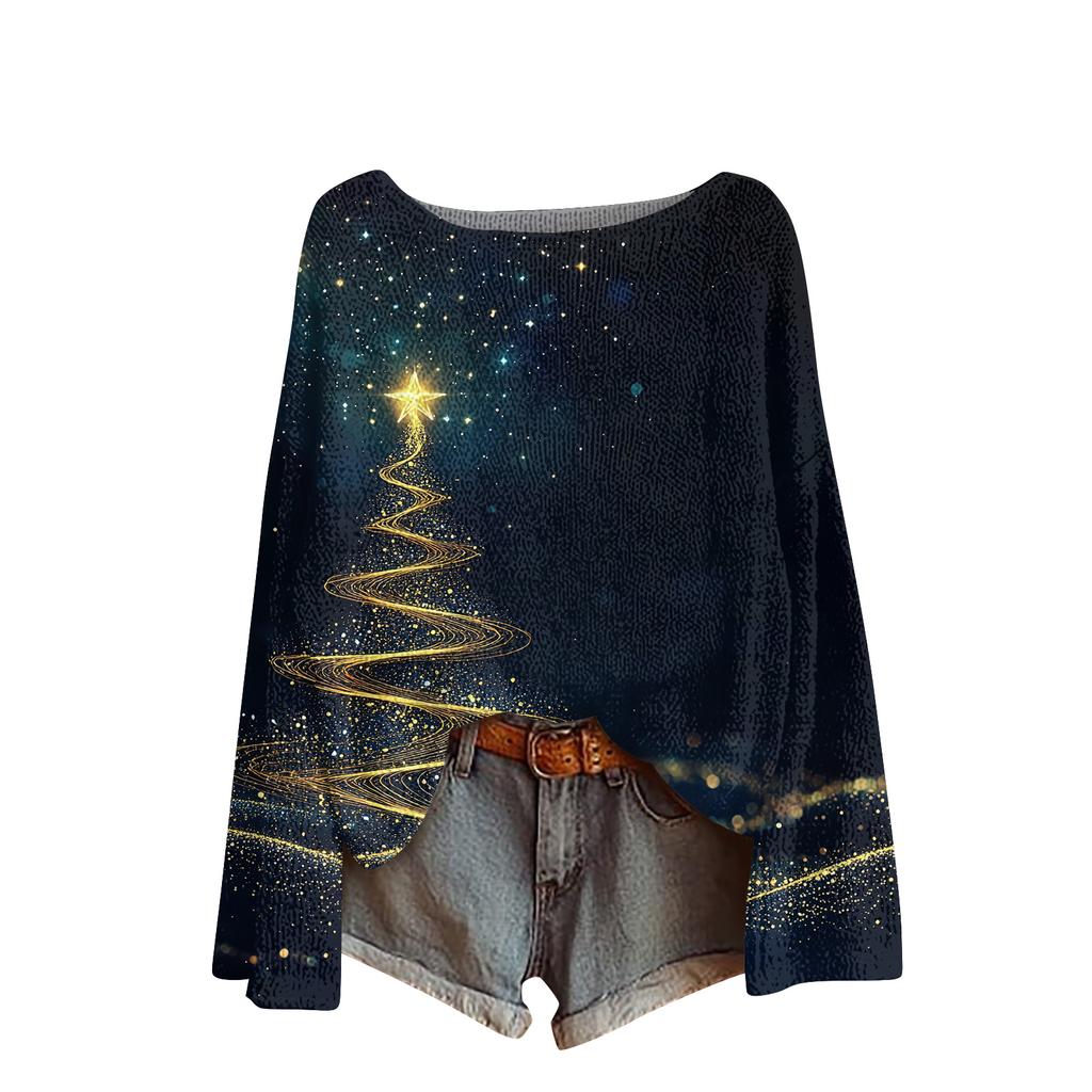 Ladies' Fashionable Casual Long Sleeved Christmas Printed Round Neck Knitted Yarn