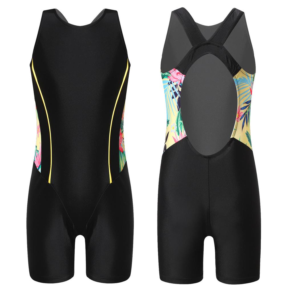 Kids Girls One-piece Swimwear Open Back Print Short Jumpsuit Bodysuit for Beach Pool Swimming Bathing