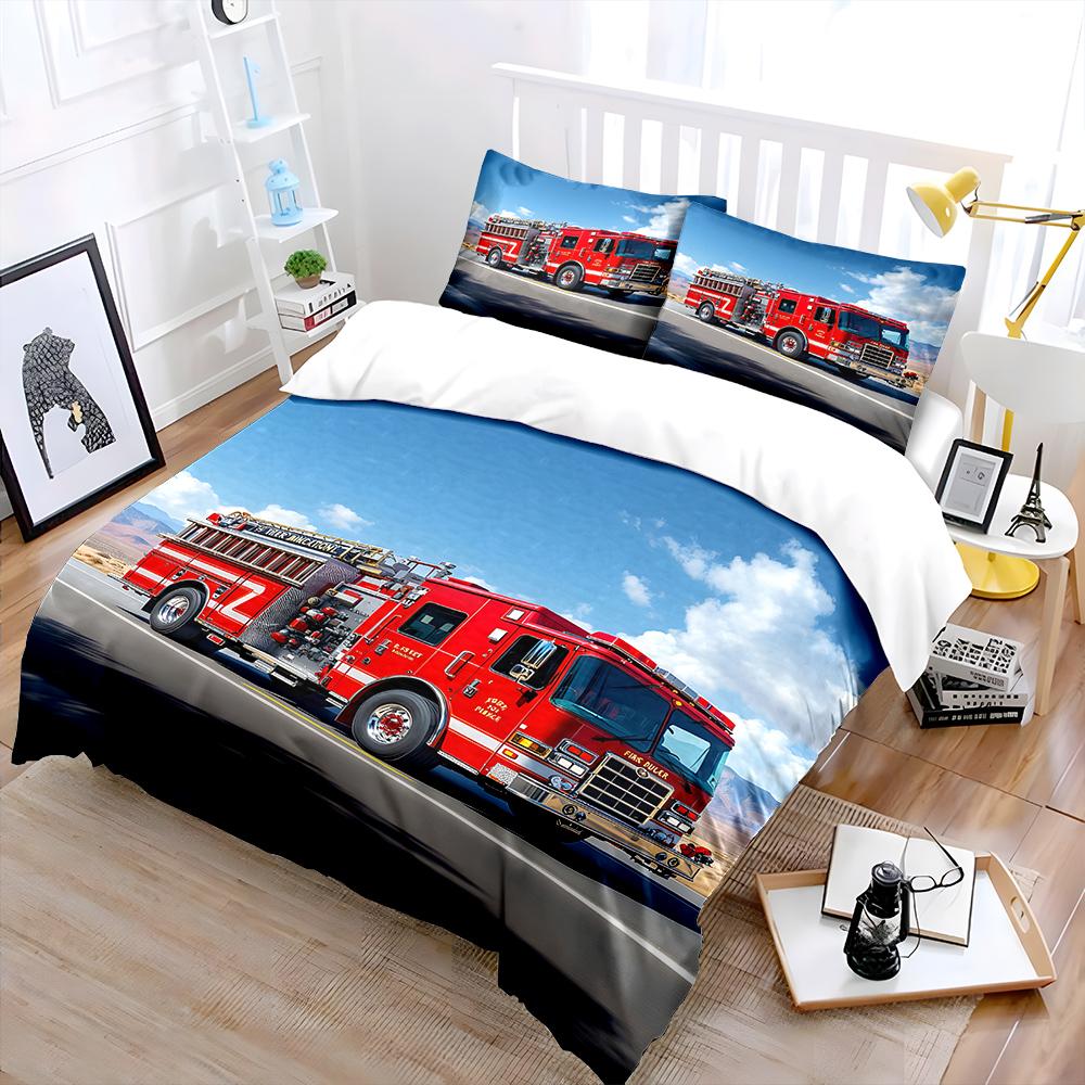 Red Fire Truck Driving On Road Print Soft Comfortable Duvet Cover Bedding Set Included 1*Duvet Cover  2*Pillowcases