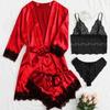 European Luxury V-Neck Lace Satin Pajamas & Nightgown Set - Includes Camisole & 3/4 Sleeve Robe, 4-Piece Women's Sleepwear.