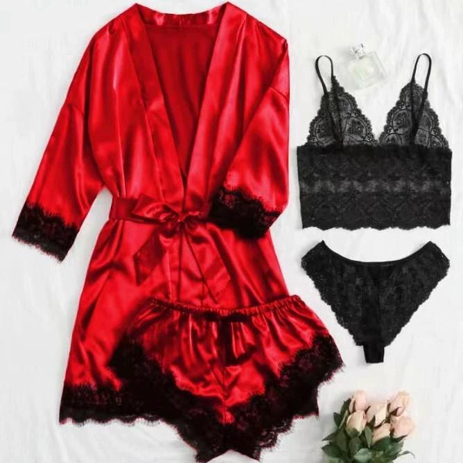 European Luxury V-Neck Lace Satin Pajamas & Nightgown Set - Includes Camisole & 3/4 Sleeve Robe, 4-Piece Women's Sleepwear.