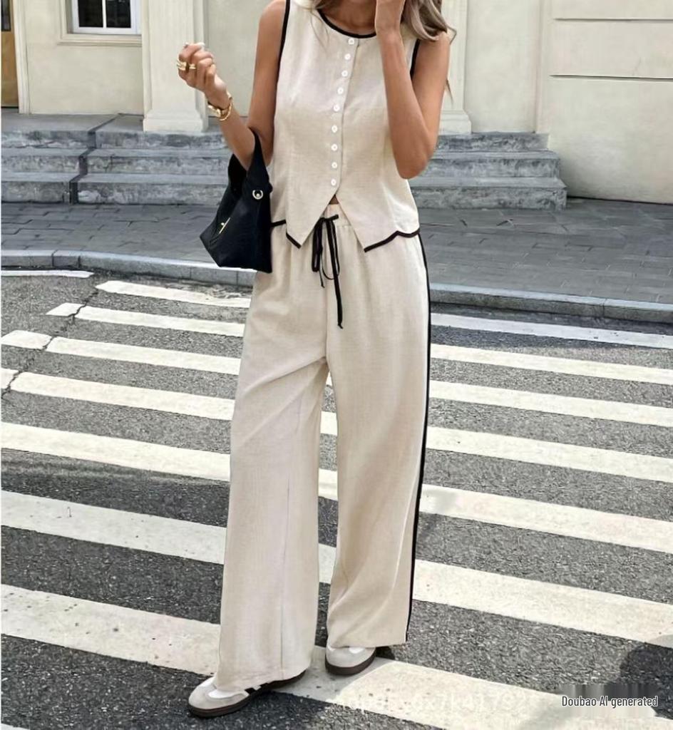 2025 European & American Women's Slimming Two-Piece Set: Sleeveless Top & Drawstring Wide-Leg Pants
