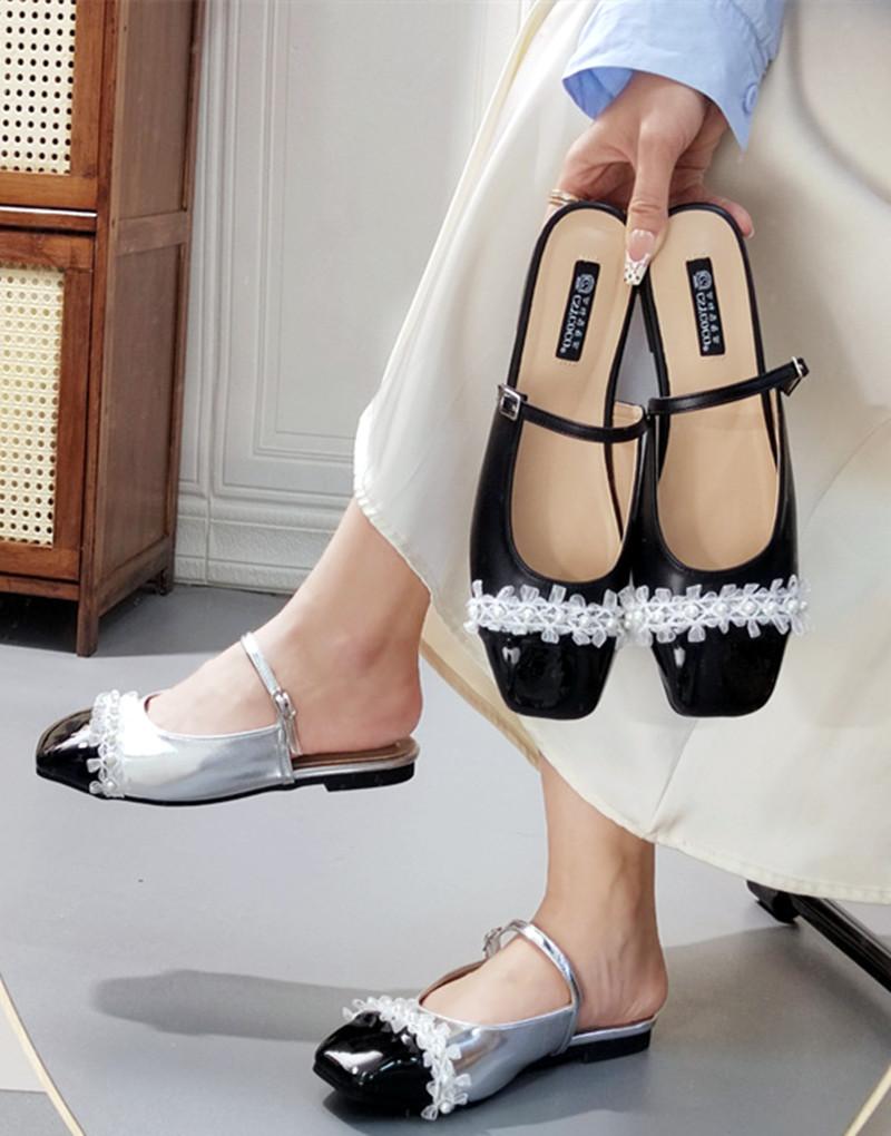 Fashion Elegant Lace Pearl Flat Sandals Women Square Toe Buckle patchwork Mary Jane Shoes Fashion Comfort Luxury Designer Brand Sandals
