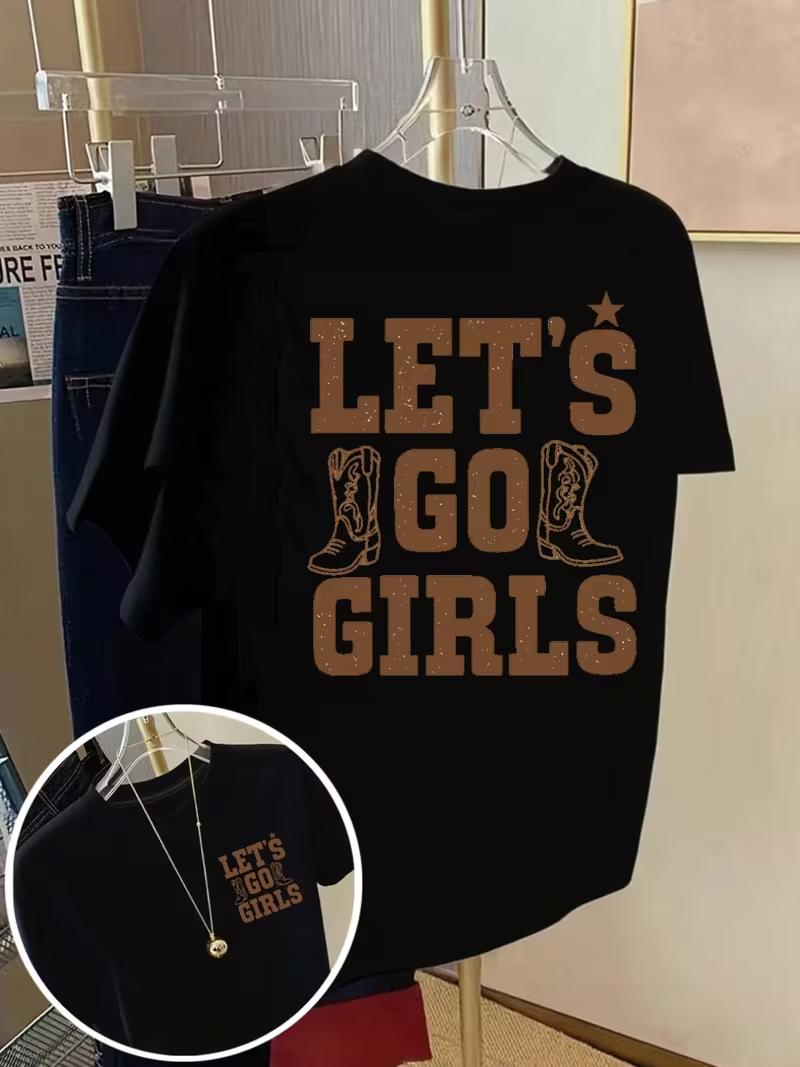 Women s Western Cowgirl T-Shirt Let s Go Slogan Short Sleeve Crew Neck Top White & Brown Cow Print for Ranch Rodeo Events S