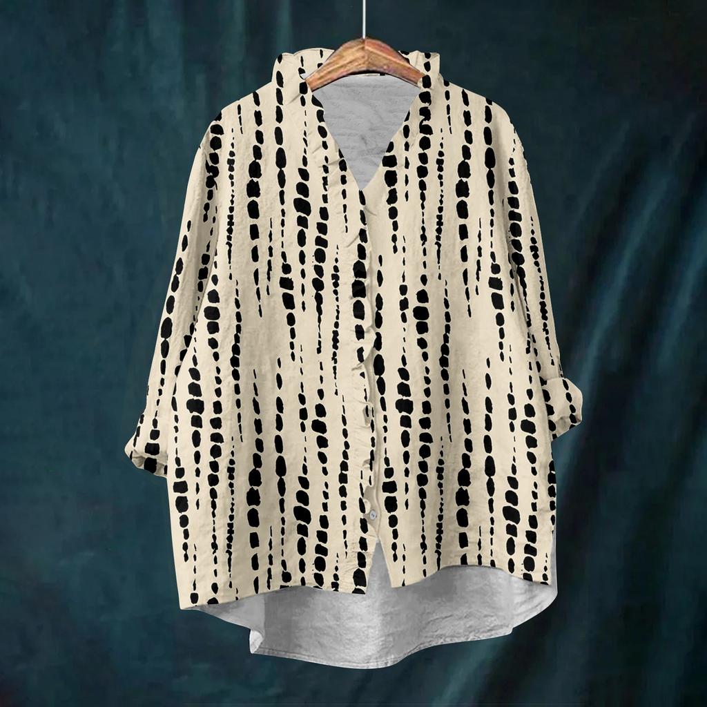 Dámský volný top s volánky, květinovým potiskem, stojáčkem a dlouhým rukávem z bavlny a lnu