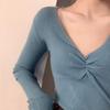 Otoño Invierno mujer cuello en V Color sólido manga larga plisado parte inferior de punto suéter elegante