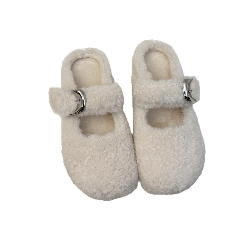 Baotou Fluffy Slippers Women's 2025 New Autumn and Winter Wear Velvet Warm Internet Celebrity Half Slippers Mary Jane Cotton Shoes
