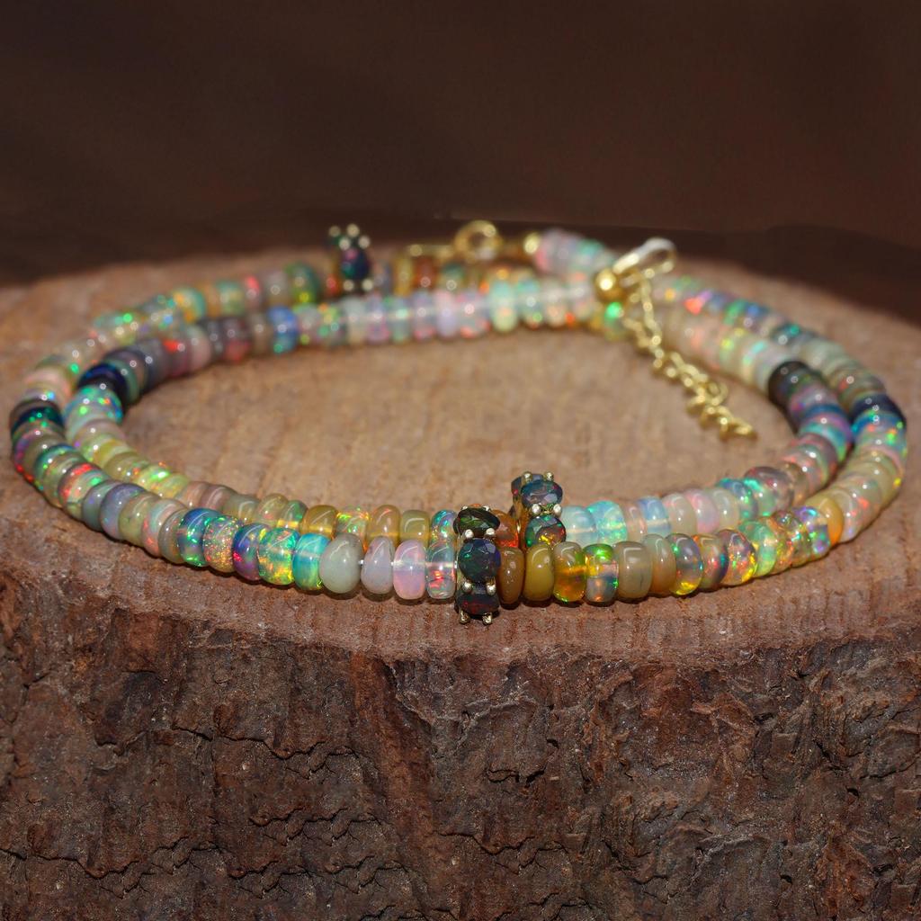 Genuine Black Opal Gemstone Beaded Necklace, Multifire Opal Shaded Beads Necklace, October Birthstone, Minimalist Necklace, Gift for Her