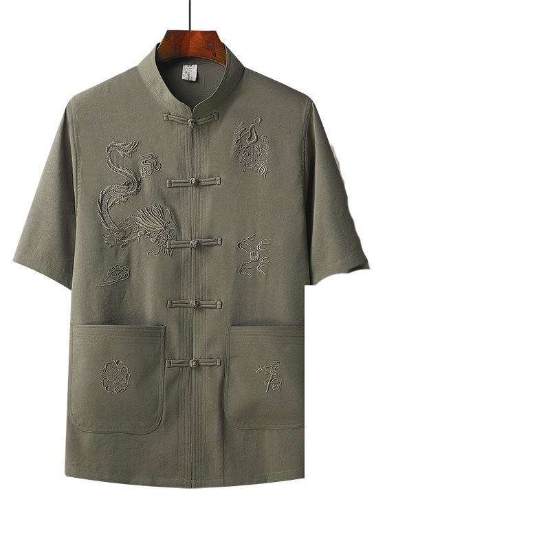 Men's Embroidered Short Sleeve Tang Suit - Loose Fit Dragon Set for Fathers and Seniors