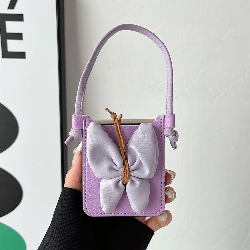 

For Korea for Samsung Zflip7 Leather Clamshell Folding Screen Mobile Phone Case Butterfly Hand Strap Solid Color Light Luxury Women For Huawei Pocket2