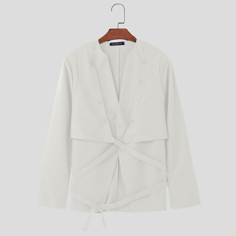 INCERUN Pánská košile s výstřihem do V vpředu s překříženými knoflíky Jednobarevné topy se stuhou s dlouhým rukávem