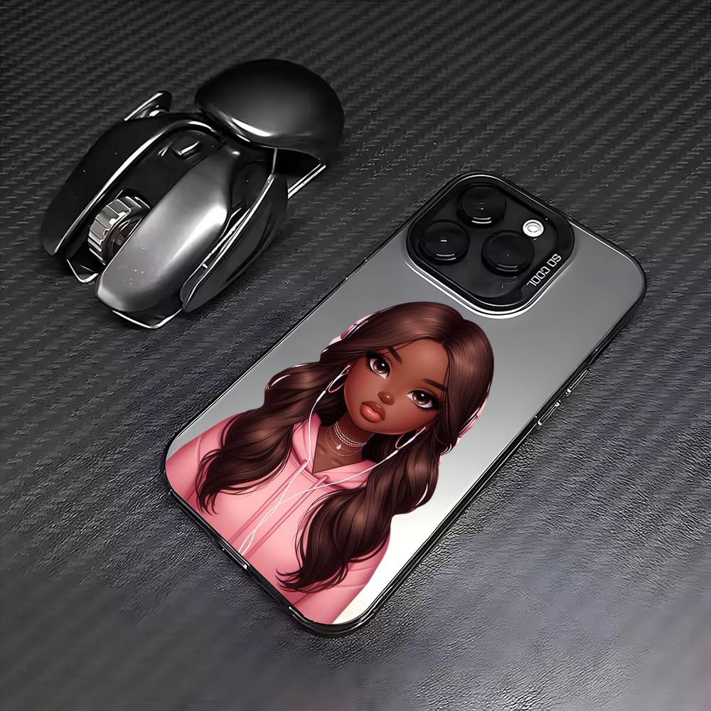 Afro Black Girls Cartoon Phone Case For iPhone 17,16,15,14,13,12,11 Plus,Pro Max,Colored Silver Phone Case