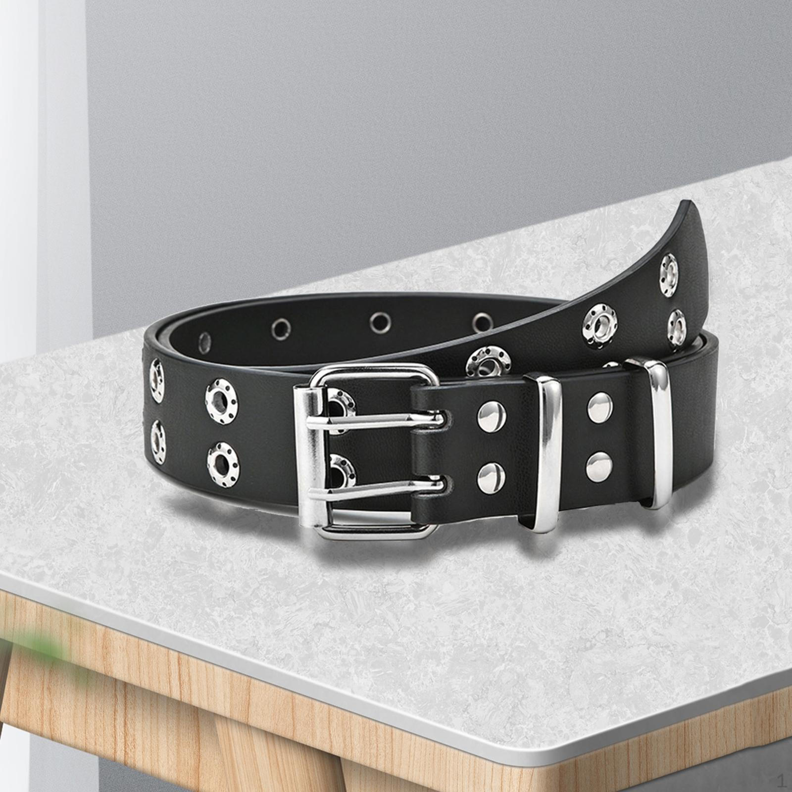 Leather Belt, 2 Holes Waist Strap Unisex Wide Adjustable Double Eyelet Pin Buckle for Club чёрный