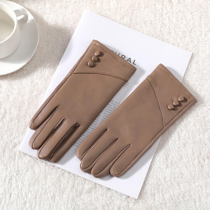 Warm leather gloves women cute velvet winter thickened outdoor riding windproof and cold driving touch screen gloves