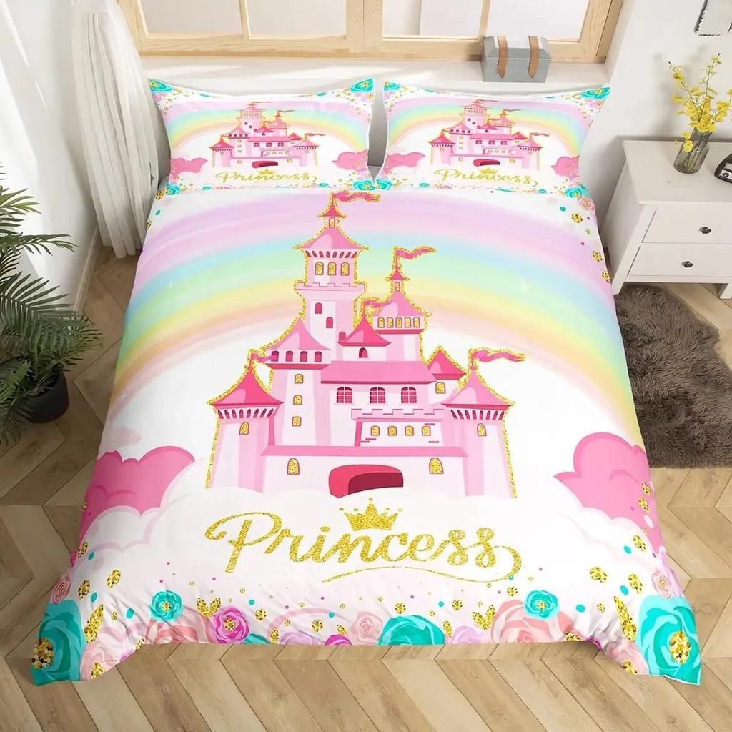 Rainbow Castle Duvet Cover King Queen Boys Girls Cartoon Girly Bedding Set Princess Castle Comforter Cover Bedroom Quilt Cover