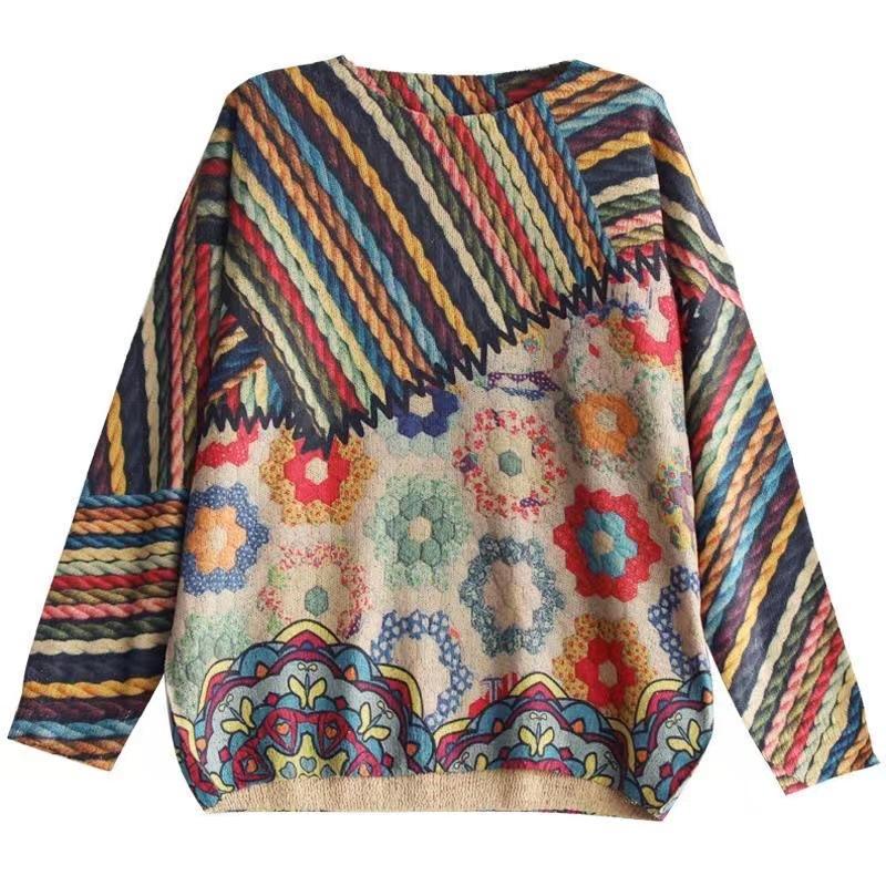 Frühling Herbst Winter Retro Literarisch und Künstlerisch Bunt Bedruckter Rundhals-Pullover Damen Koreanische Version Der Dicke Lockere Western-Stil Pullover