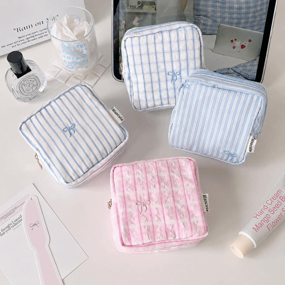 Embroidery Bow Knot Mini Cosmetic Bag Striped Sanitary Napkin Storage Bag Toiletry Organizer