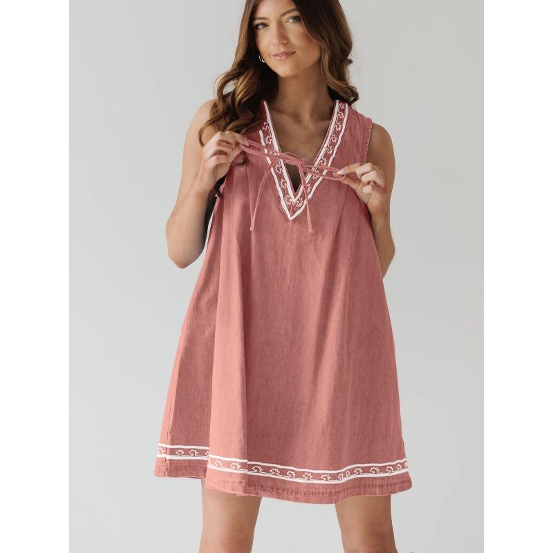 QICED Fashion Summer Spring Solid Color Print Sleeveless V-Neck Casual Dresses