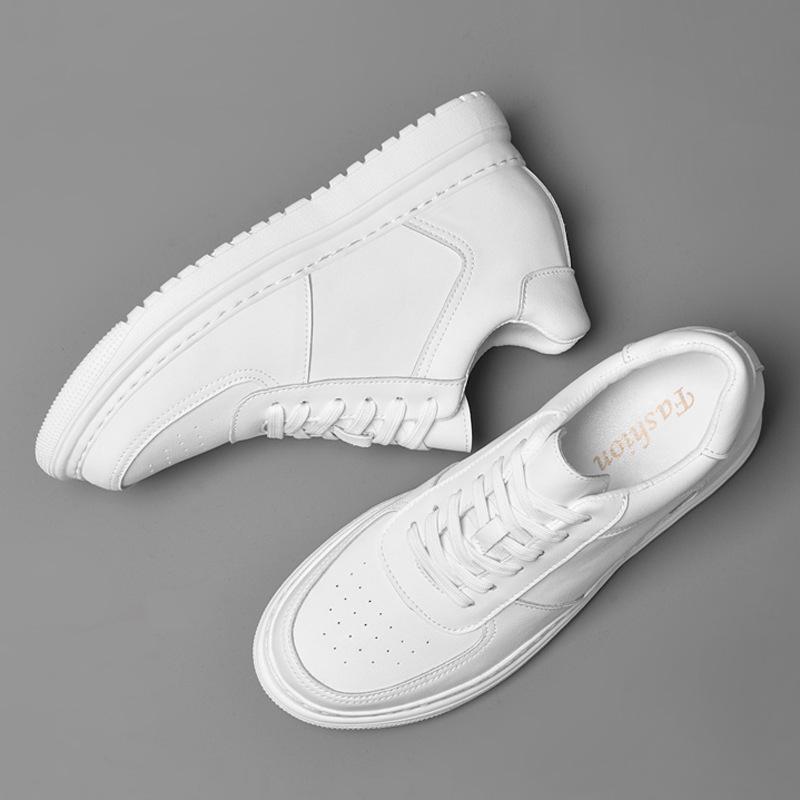 Men's Autumn White Cowhide Sneakers: New Fashion, Thick Sole, Hidden Height Boost, Breathable Round Toe Sports Design