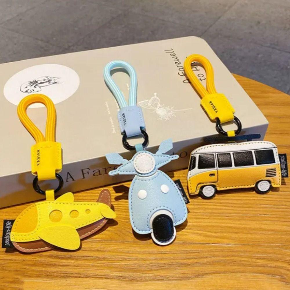 Unique Cartoon Airplane Keychain PU Leather Bag Pendant Exquisite Bus Shape Keychain  Daily Use