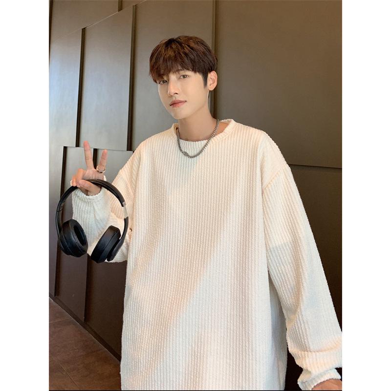 Men's Solid Color Long Sleeve Jacquard T-Shirt - Trendy Scruffy Hong Kong Style, Loose Fit for Couples.