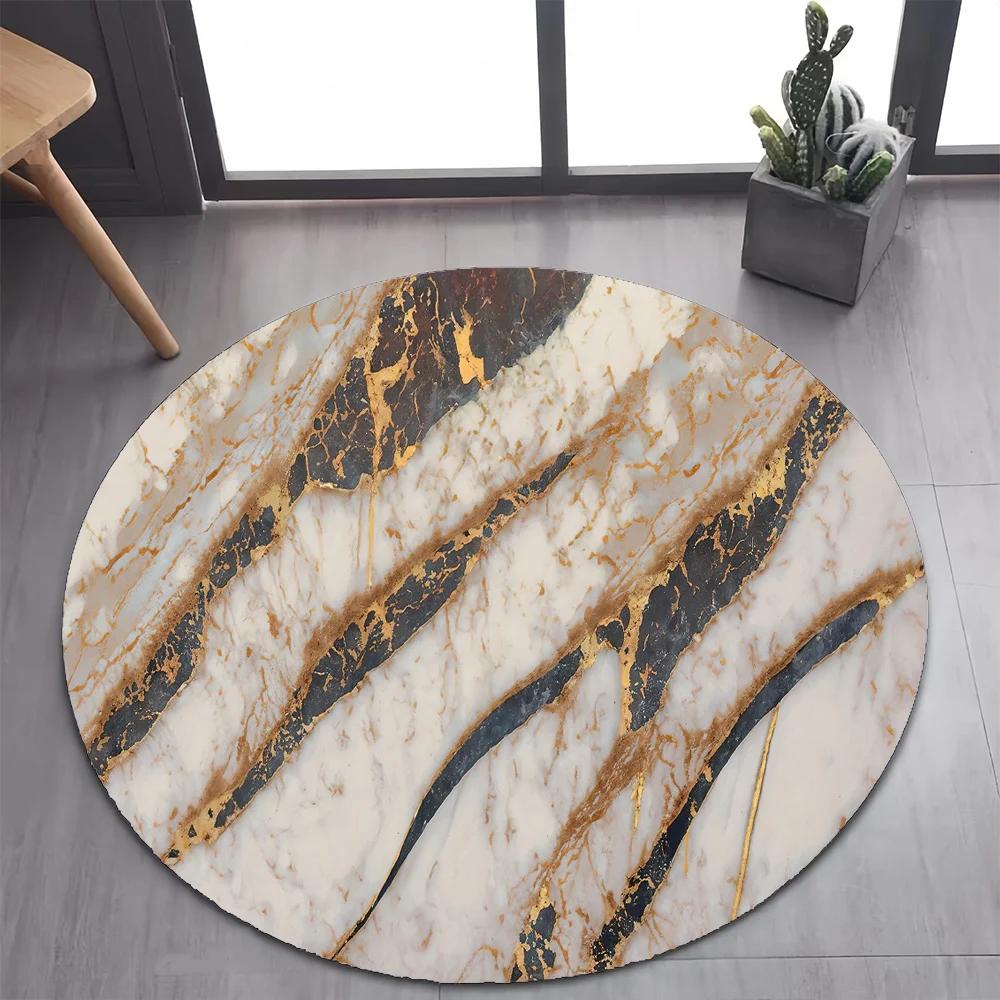 White Gold Marble Round Area Rug –Elegant Carpet for Bedroom or Living Room – Non-Slip Floor Mat, Pet-Friendly Modern Home Decor