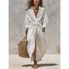 Abito Chemisier Bianco in Lino e Cotone Manica Lunga Vita Alta Nodo Maxi Abito Casual Ampio Orlo Spaccato Abiti Estivi da Spiaggia per Donna