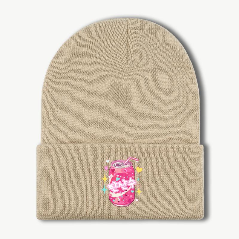 Shimmering Pink Drink Print Knit Beanie Warm Comfortable and Highly Stretchy Beanie Sweet Cute Shimmering Fashionable and