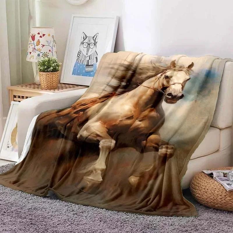 3D Cartoon Horse Print Flannel Throw Blanket – Soft Warm Picnic Blanket, Retro Home & Travel Birthday Gift, Cozy Comfort