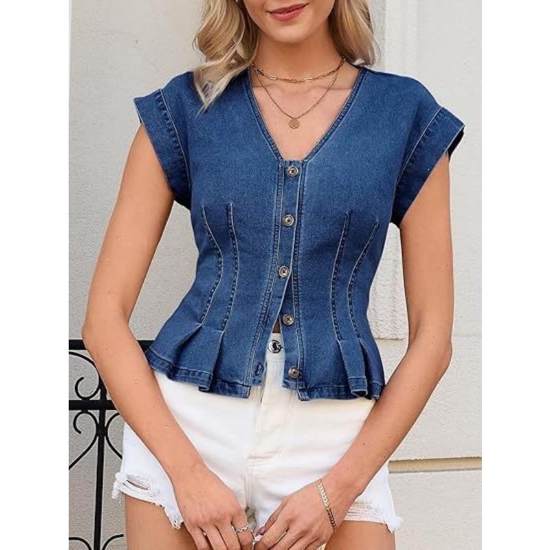 Women S V Neck Denim Vest Buttoned Slim Fit Casual Short Top