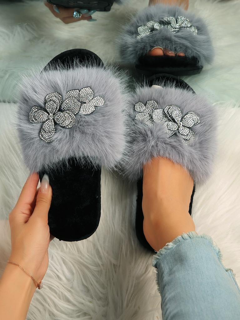 Autumn and winter new long-haired dopamine color bright diamond texture flower large size fluffy slippers