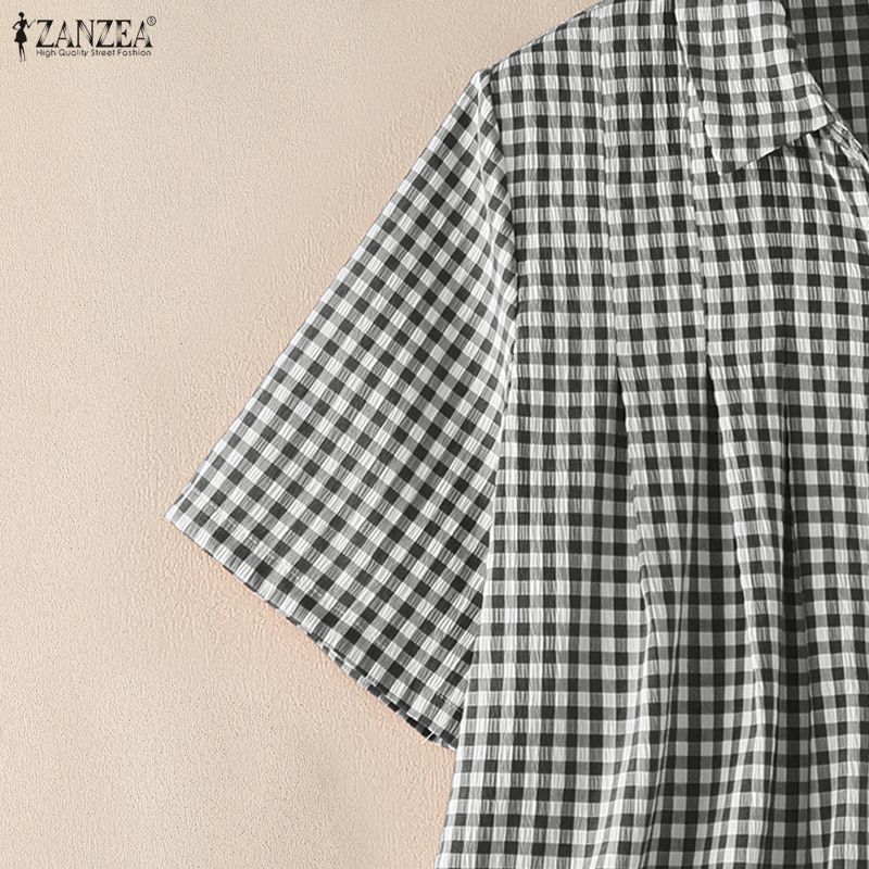 ZANZEA Women Casual Turn Down Collar Loose Short Sleeve Plaid Print Blouse