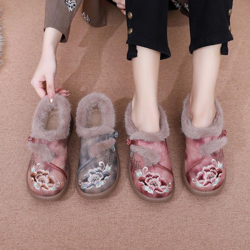 Women's Embroidered Beijing Style Slip-On Shoes, Breathable Low-Cut Comfort Flats with Soft Sole, Warm Traditional Cloth Shoes for Women