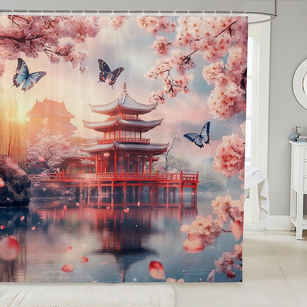 Japanese Style Bathroom Curtain Cherry BlossomShower Curtain for Girls Teen Women,Watercolor Mount Fuji Sakura Animal Aesthetics