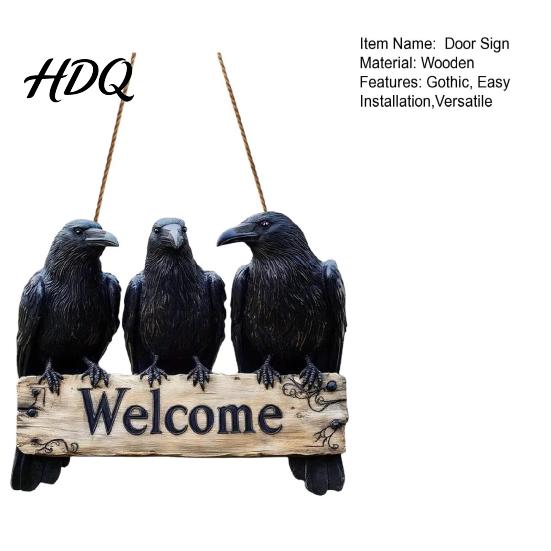 Unique Festival Gift Halloween Crow Door Hanger Sign Wooden Black Welcome Gothic Seasonal Hanging Plaque Rustic Vintage Outdoor Decor for