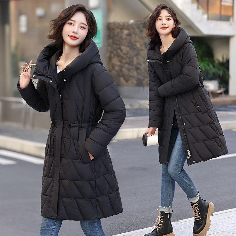 Women’s Winter High End Elegant Thickened Mid Length Padded Down Coat Waist Cinched Hooded Warm Fashion Outerwear