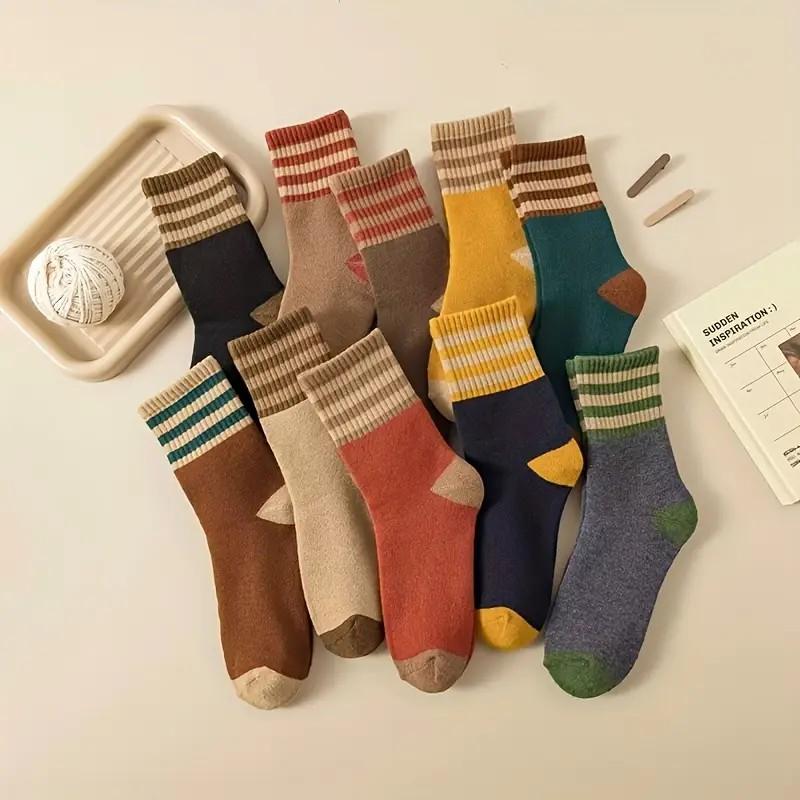10 Double Autumn Winter Women Thick Middle Tube Socks Comfortable Warm Fashionable Striped Casual Terry-Loop Socks