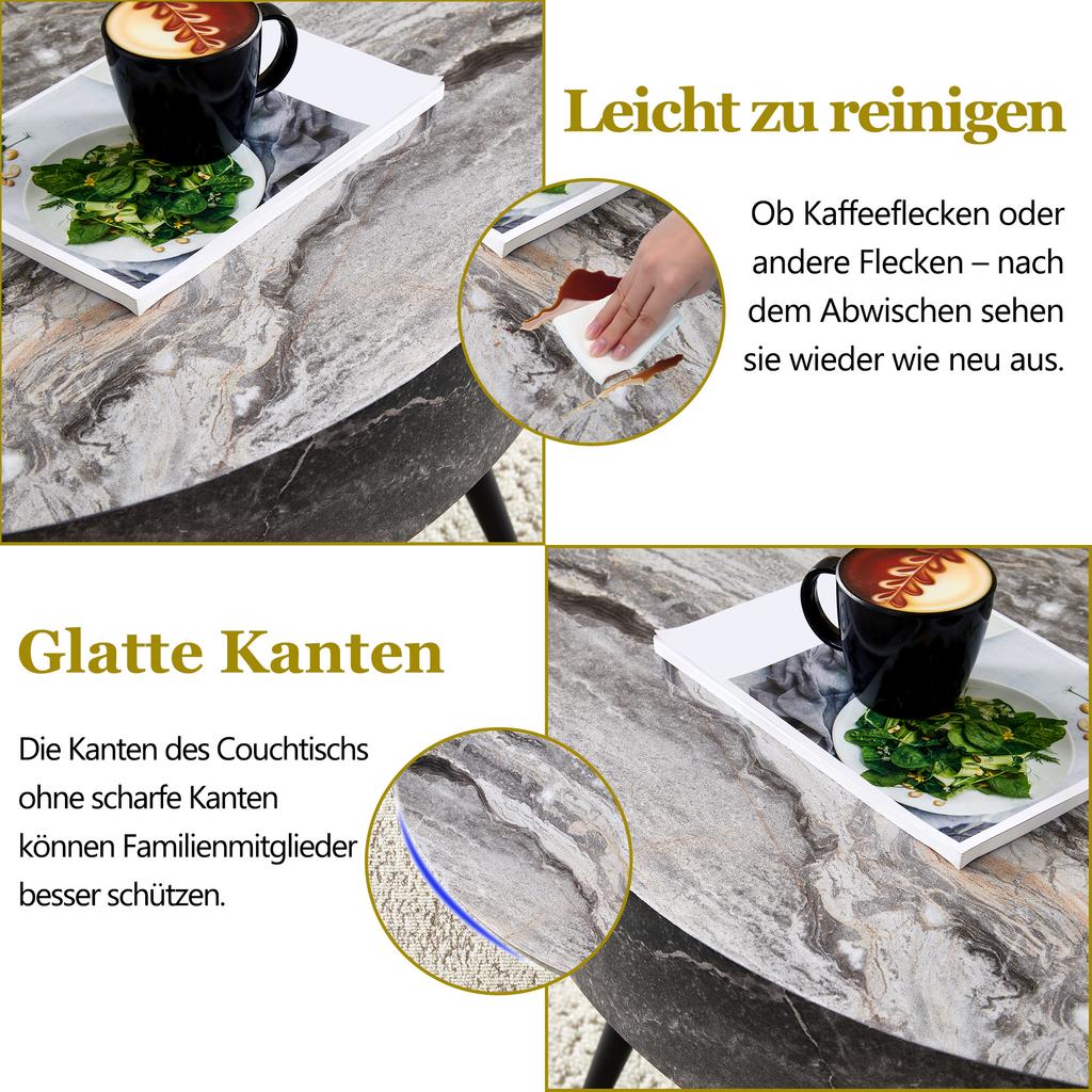 Tavolino da Caffè Rotondo con Diametro 70 cm Effetto Marmo Grigio (MDF) & Gambe in Metallo Nero. Design Minimalista, Ideale per Soggiorno e Spazi Piccoli.