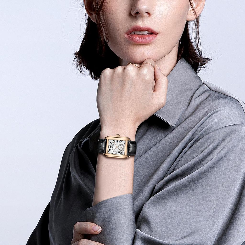 Men's Leather Watch, Seiko Replica: Square Dial, Hand-Wound, Stylish Roman Numeral Watch, Adjustable Leather Strap, Gold