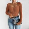 Women's U-Neck Long Sleeve Pleated Slim Fit Casual T-Shirt