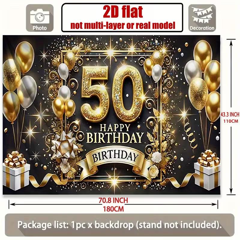 2D Black Gold Happy 50th Birthday Backdrop Glitter Balloon Party Decoration Banner