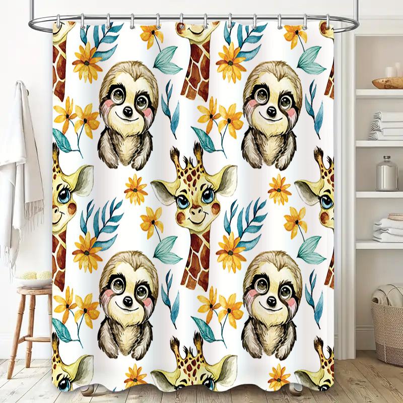Animal Print Shower Curtain Kids Bathroom Decor Cartoon Giraffe Sloth Blue Yellow Flower Pattern Waterproof Bath Mat Set With Ri