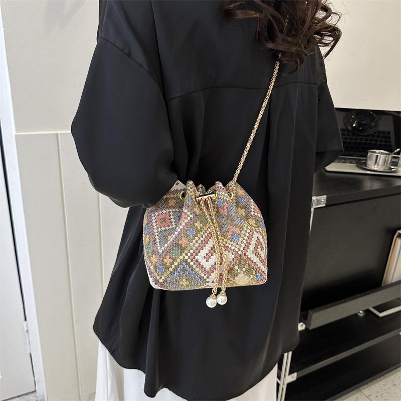 Cross Body Bohemian Bucket Checkered Shoulder Bag for Women Shopper Bags