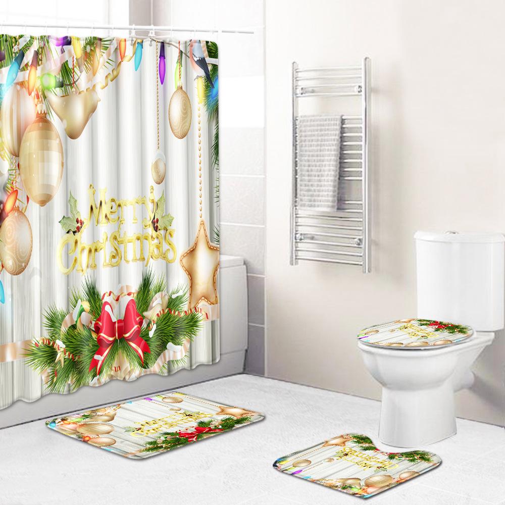 Christmas Shower Curtain Floor Mat Combination Four-Piece Set Bathroom Toilet Carpet Shower Room Mat Foot Mat
