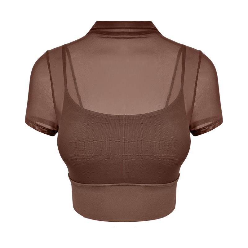 Yoga Clothes Women's Summer New Models with Chest Pads, Mesh Yarn, Fake Two-piece Fitness Clothes, Sports Training, Short-sleeved Vest Top